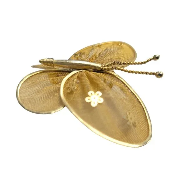 Vintage Gold Mesh Butterfly Brooch Pin With Floral Detail - Picture 6 of 7